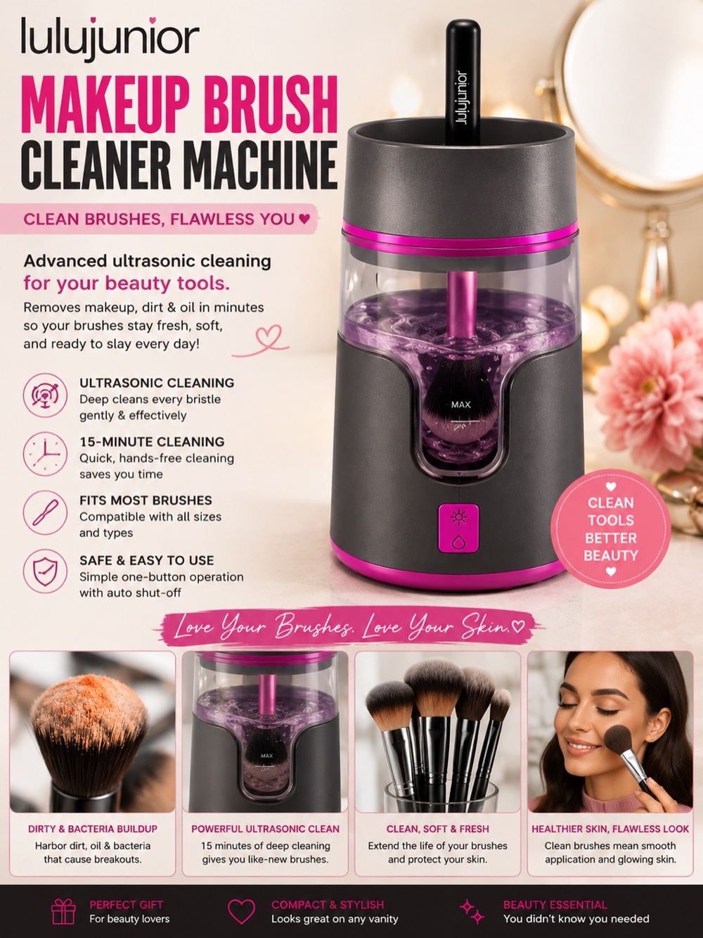 Pink & Black Ultrasonic Makeup Brush Cleaner Machine